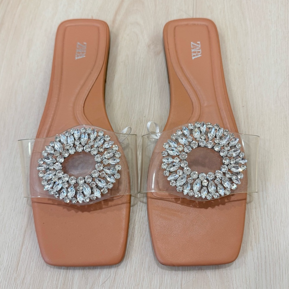 Zara Slide Flat Sandal Rhinestone Crystal Clear and Tan Size 38 8